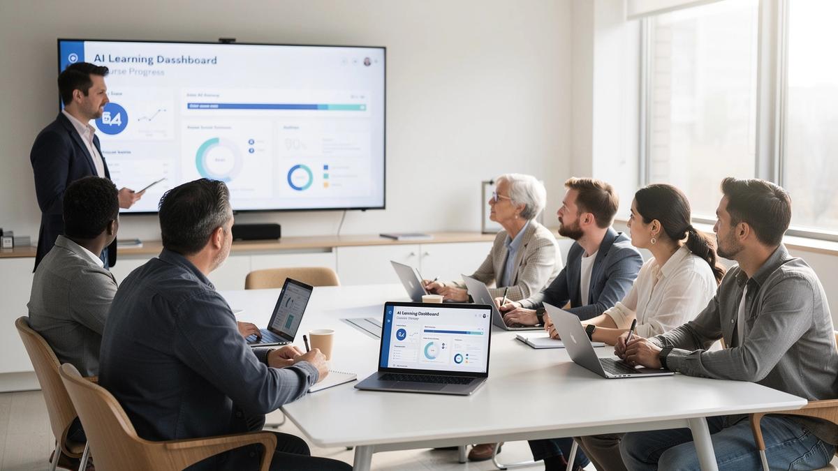 Instructor and learners reviewing an AI lesson dashboard together